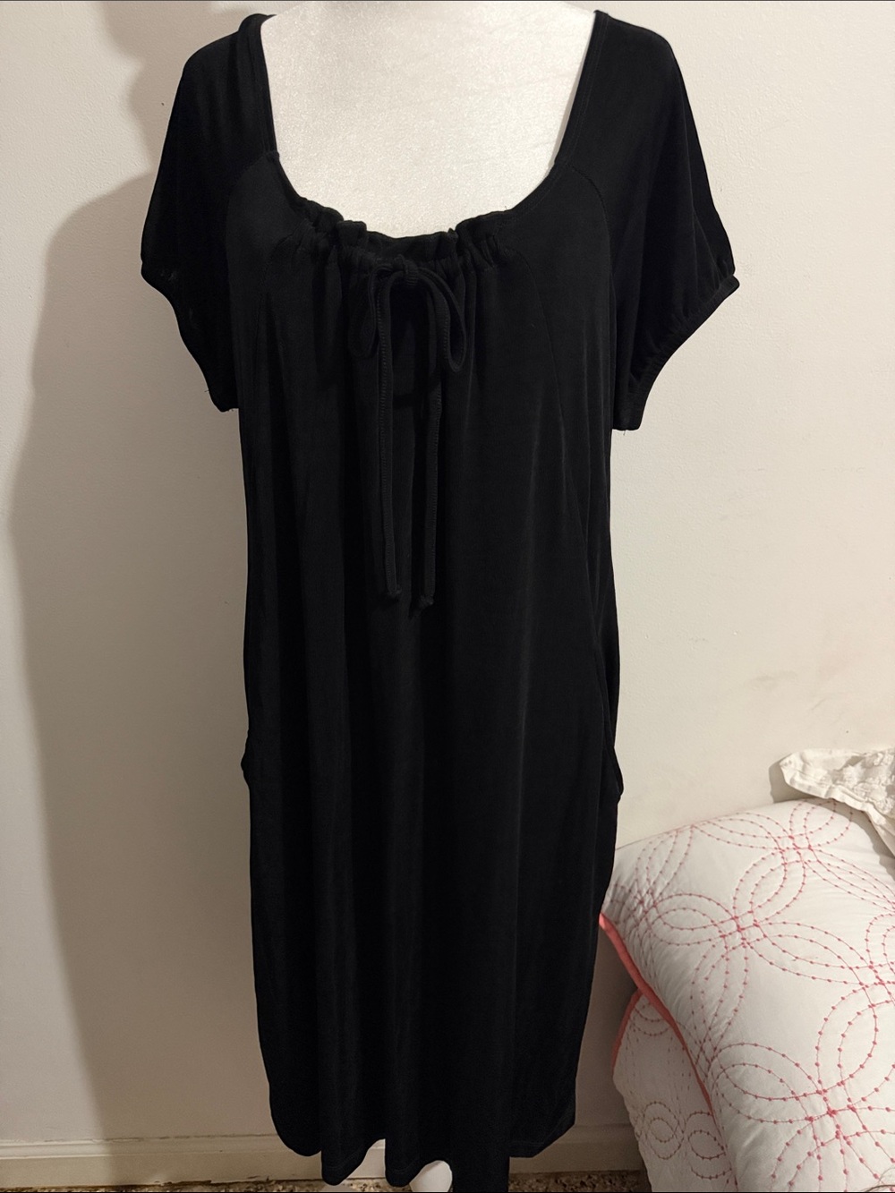 Slinky Brand Black Midi Scoop-Neck Drawstring Dress